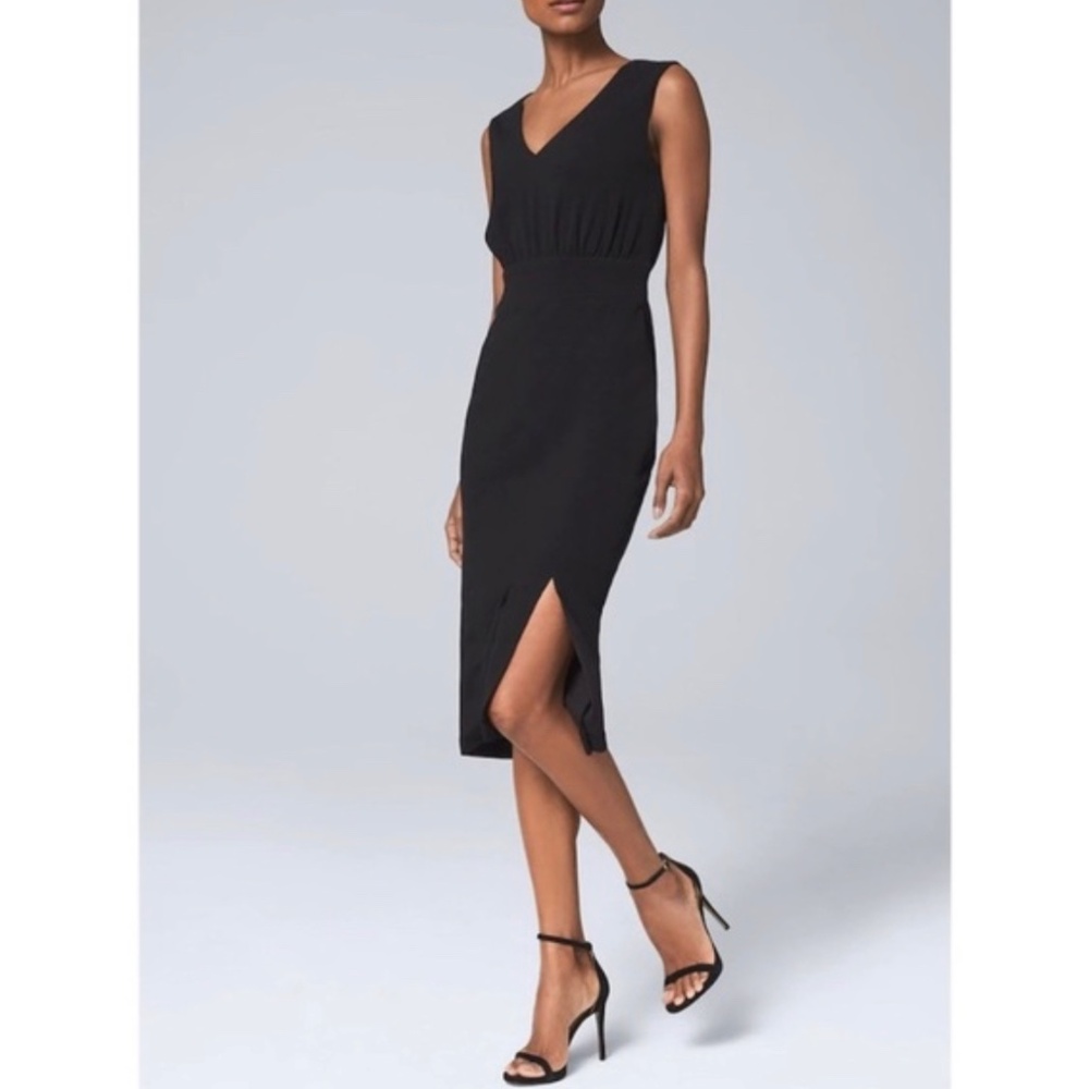 White House Black Market Solid Blouson Knit Sheath Dress 0 Black V Neck